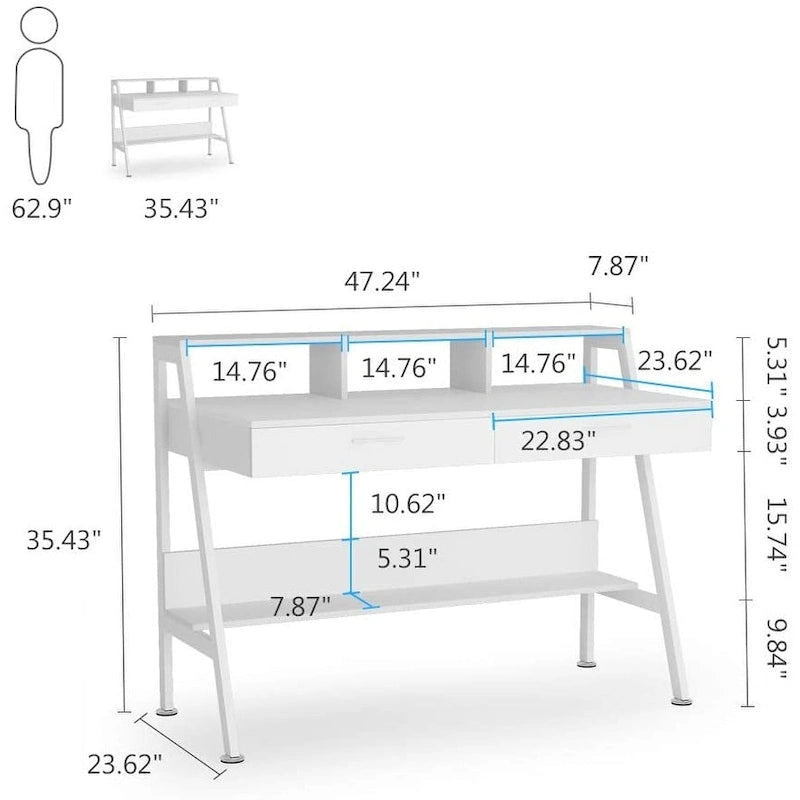 Bureau d'ordinateur 47" avec 2 tiroirs, étagères de rangement et support d'écran | Bureau à domicile