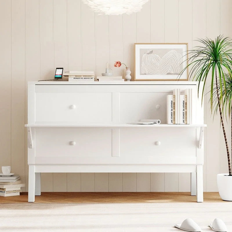 Lit escamotable Queen Size avec bureau, port USB, étagères amovibles de chaque côté
