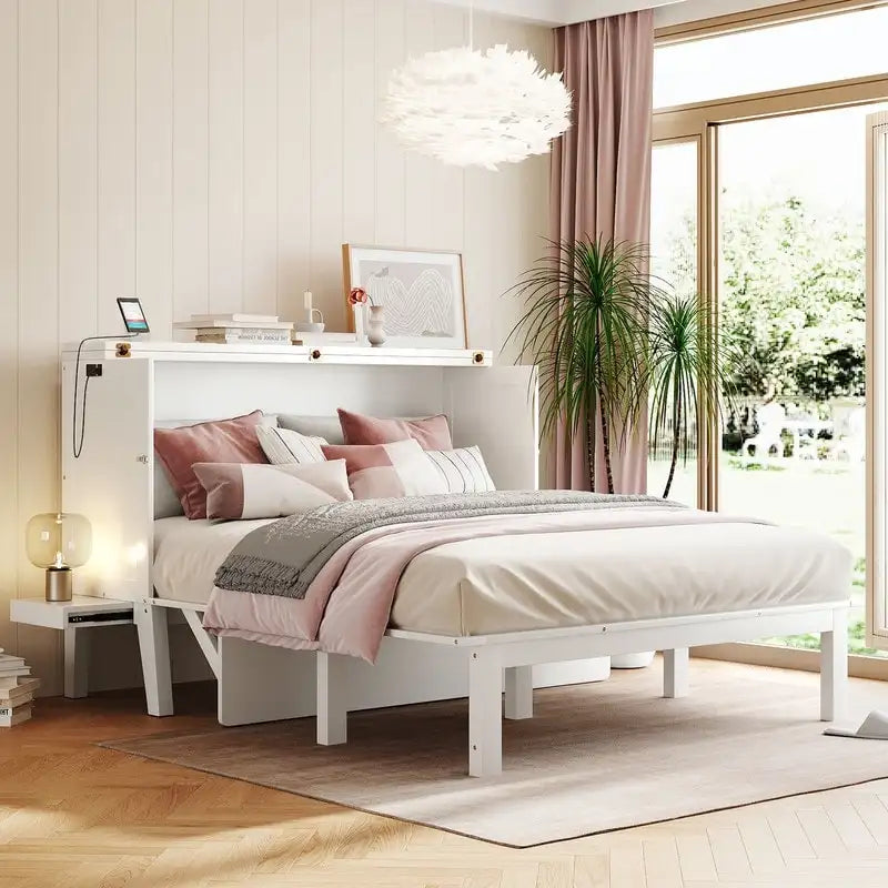 Lit escamotable Queen Size avec bureau, port USB, étagères amovibles de chaque côté