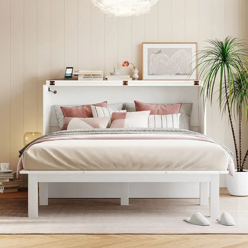 Lit escamotable Queen Size avec bureau, port USB, étagères amovibles de chaque côté