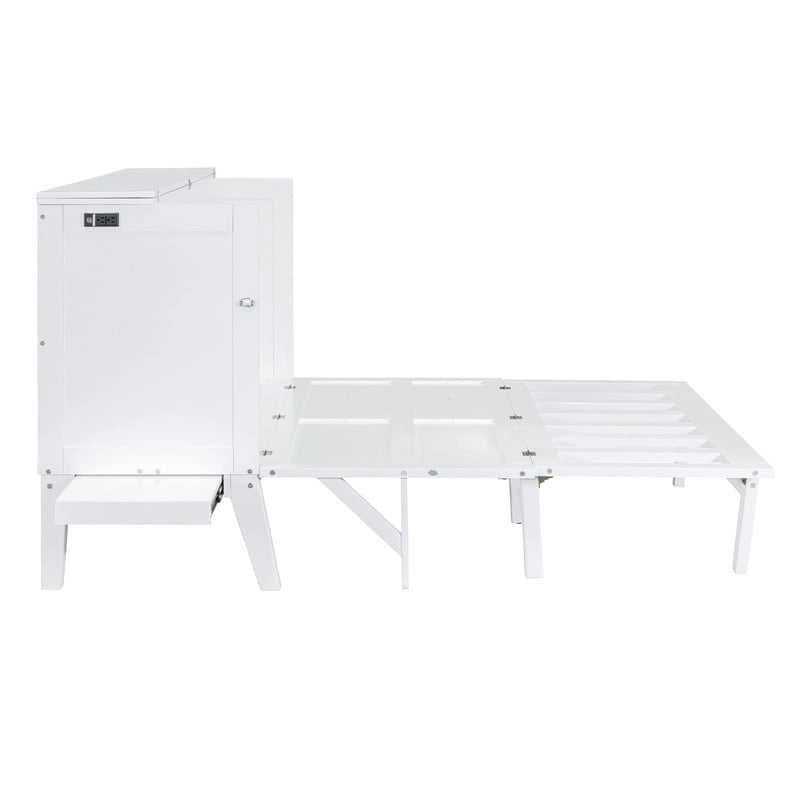Lit escamotable Queen Size avec bureau, port USB, étagères amovibles de chaque côté