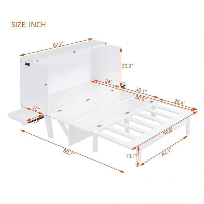 Lit escamotable Queen Size avec bureau, port USB, étagères amovibles de chaque côté