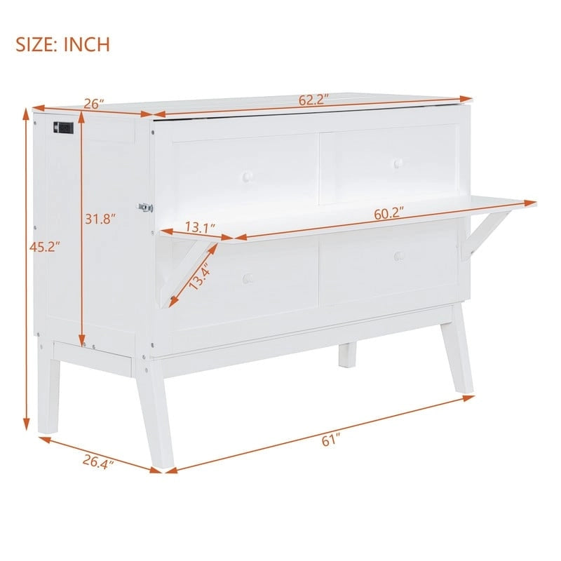 Lit escamotable Queen Size avec bureau, port USB, étagères amovibles de chaque côté