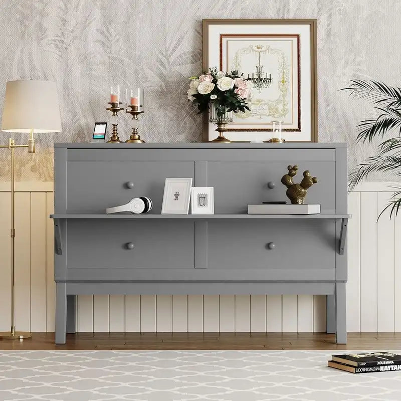 Lit escamotable Queen Size avec bureau, port USB, étagères amovibles de chaque côté