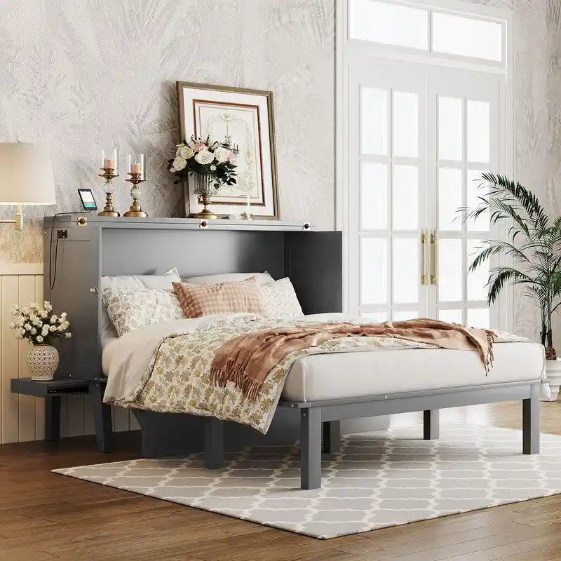 Lit escamotable Queen Size avec bureau, port USB, étagères amovibles de chaque côté