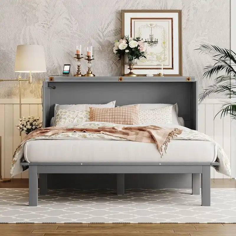 Lit escamotable Queen Size avec bureau, port USB, étagères amovibles de chaque côté
