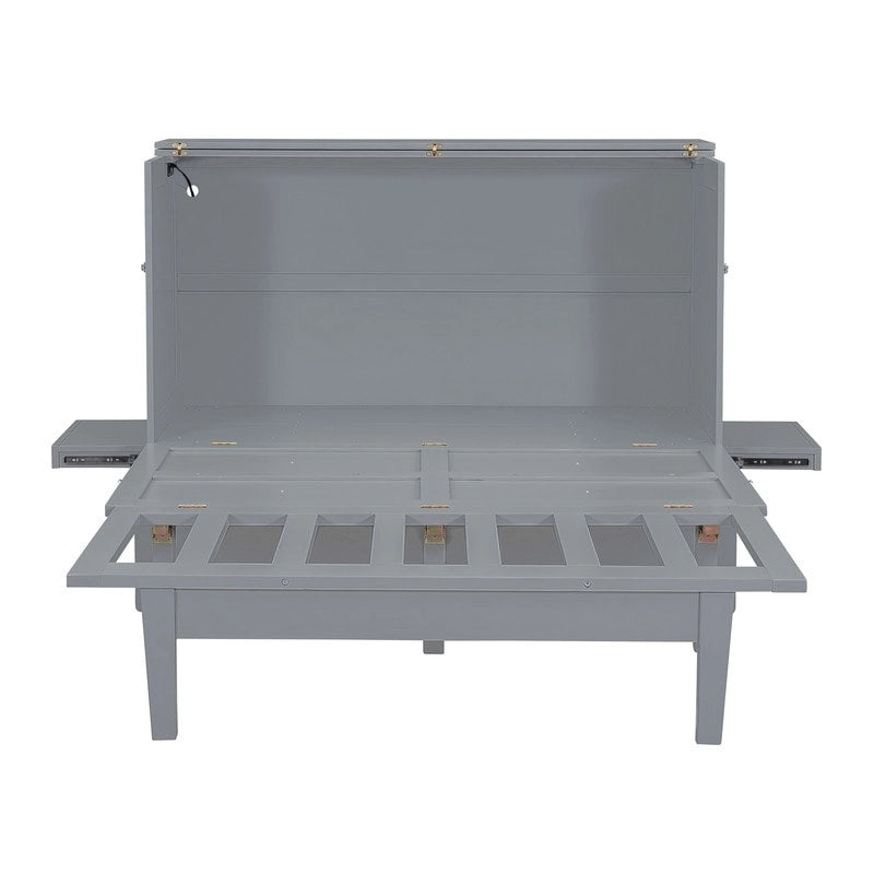 Lit escamotable Queen Size avec bureau, port USB, étagères amovibles de chaque côté
