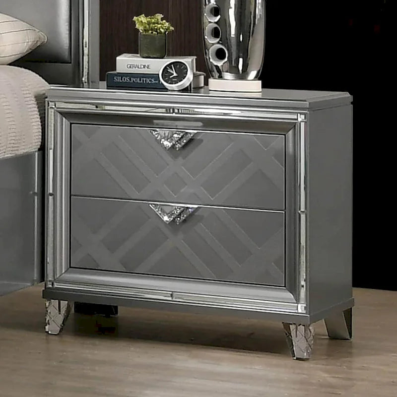 Table de chevet Glam 2 tiroirs avec port de chargement USB | Pieds en acrylique | Noyer ou Gris