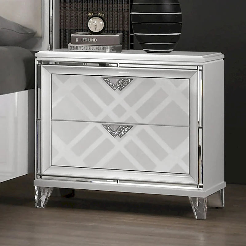 Table de chevet Glam 2 tiroirs avec port de chargement USB | Pieds en acrylique | Noyer ou Gris