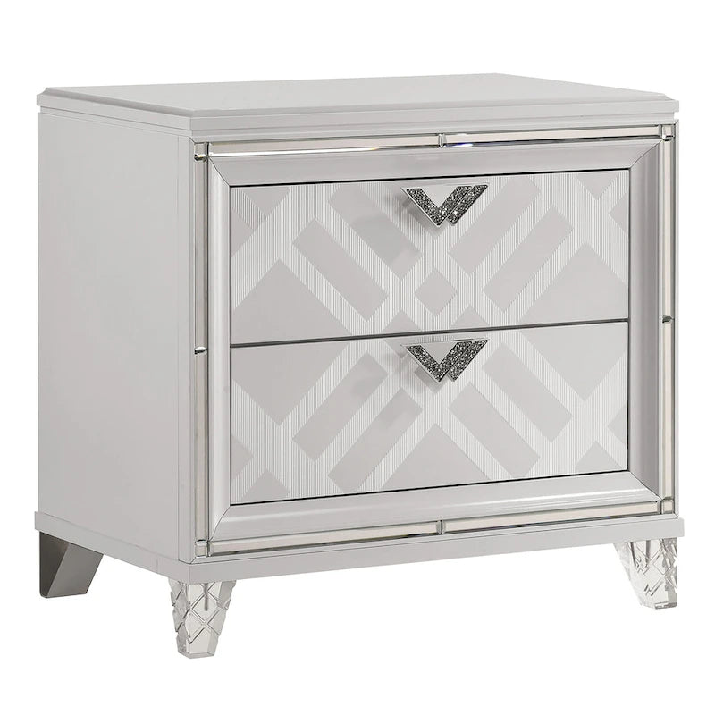 Table de chevet Glam 2 tiroirs avec port de chargement USB | Pieds en acrylique | Noyer ou Gris