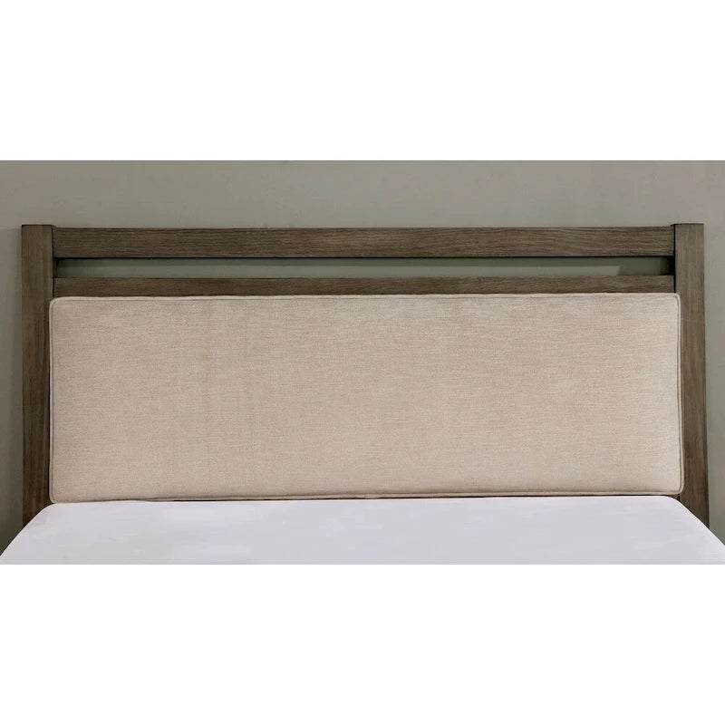 Lit plateforme rustique gris en bois massif | Tête de lit en lin | Pas de sommier tapissier, capacité de 227 kg