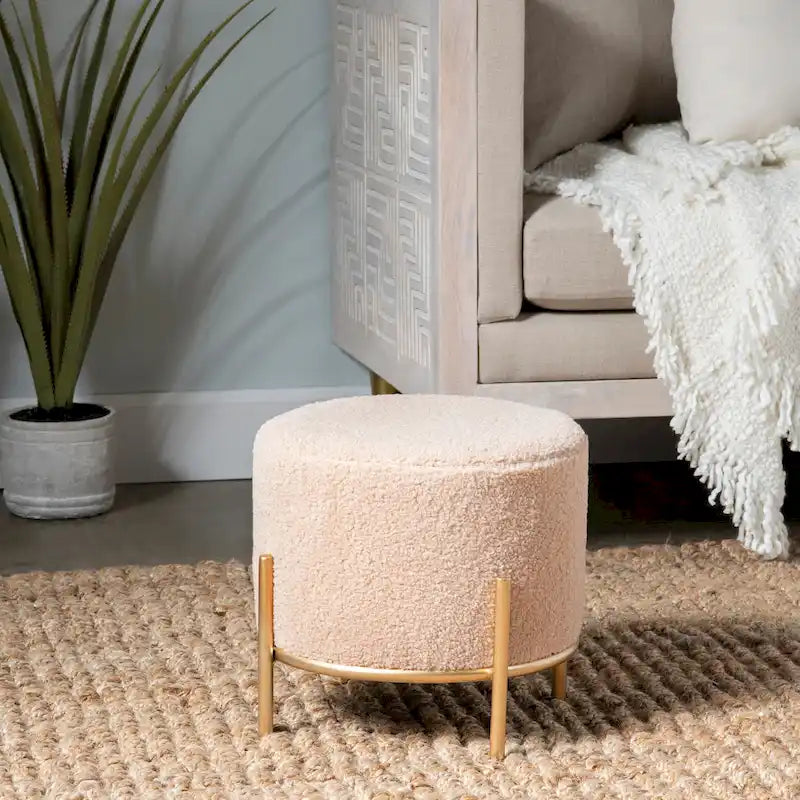 Tabouret d'appoint rond en sherpa | Base en métal doré | Siège glamour pour salon