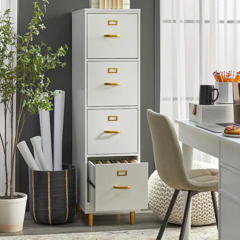 4-Drawer Filing Cabinet | Mid-Century Modern | White MDF, Gold Handles, Letter/Legal Size