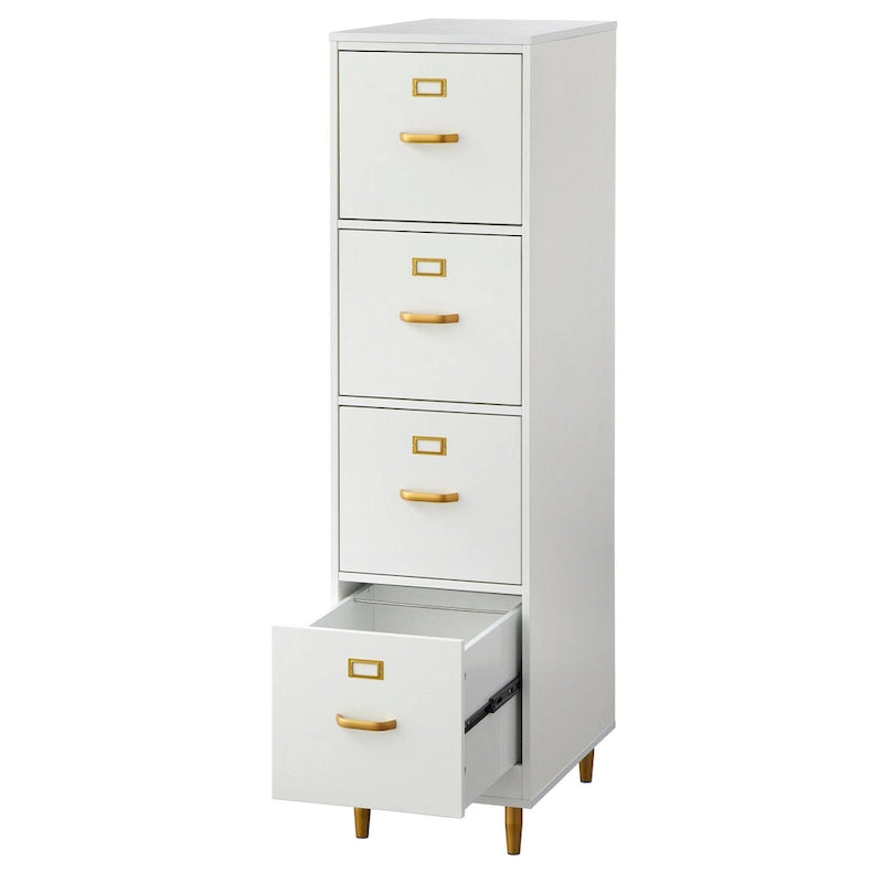 4-Drawer Filing Cabinet | Mid-Century Modern | White MDF, Gold Handles, Letter/Legal Size