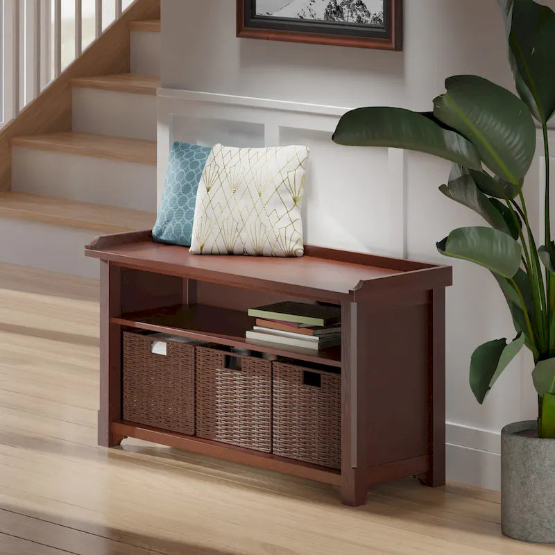 Banc de rangement 4 pièces avec 3 paniers tressés pliables | Fini Noyer | Organisateur d'entrée