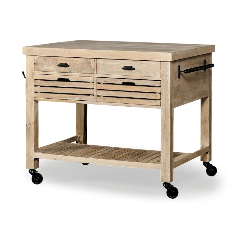 Îlot de cuisine roulant avec 4 tiroirs et porte-serviettes | Bois de manguier massif | 117 cm (46" l)