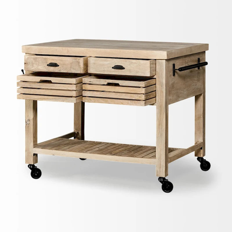 Îlot de cuisine roulant avec 4 tiroirs et porte-serviettes | Bois de manguier massif | 117 cm (46" l)