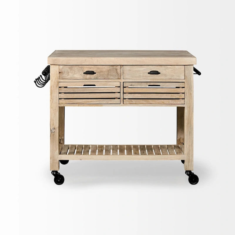 Îlot de cuisine roulant avec 4 tiroirs et porte-serviettes | Bois de manguier massif | 117 cm (46" l)