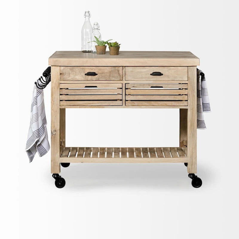 Îlot de cuisine roulant avec 4 tiroirs et porte-serviettes | Bois de manguier massif | 117 cm (46" l)