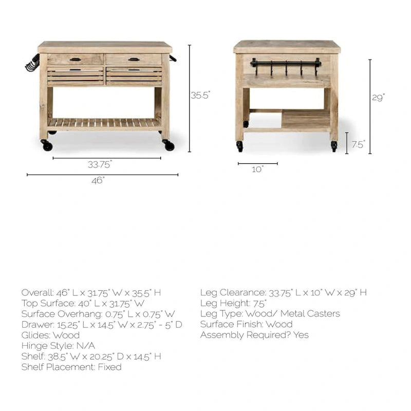 Îlot de cuisine roulant avec 4 tiroirs et porte-serviettes | Bois de manguier massif | 117 cm (46" l)