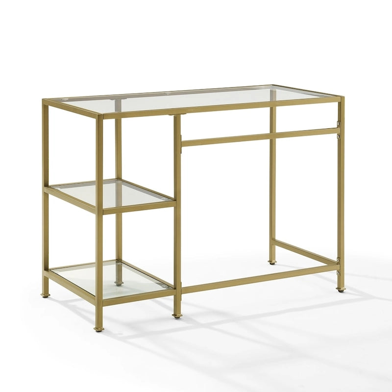 Bureau en verre trempé à cadre en acier avec étagères | Finition dorée | Pour bureau à domicile ou coiffeuse