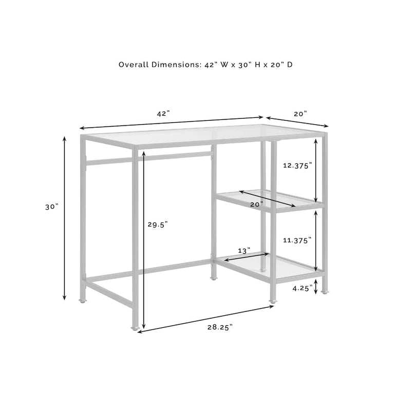 Bureau en verre trempé à cadre en acier avec étagères | Finition dorée | Pour bureau à domicile ou coiffeuse