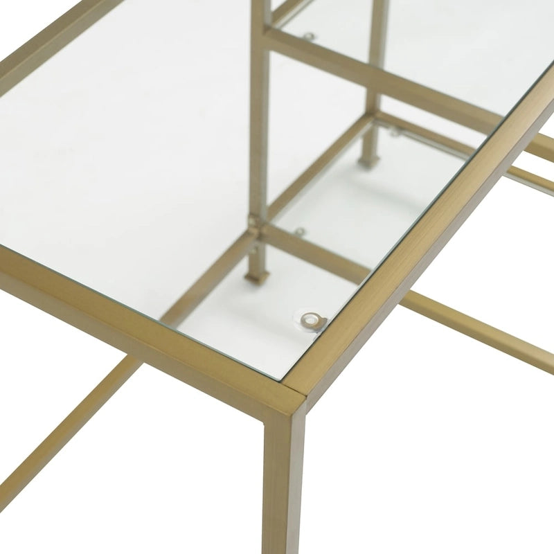 Bureau en verre trempé à cadre en acier avec étagères | Finition dorée | Pour bureau à domicile ou coiffeuse