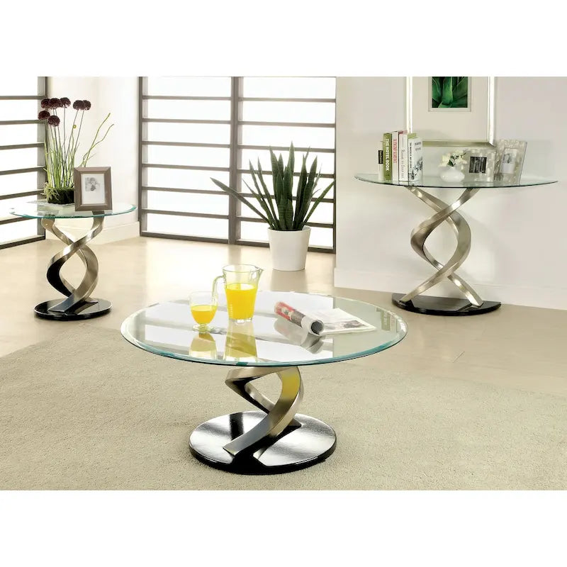 Table basse ronde en verre trempé 38" | Piétement double hélice | Finition argentée