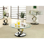 Table basse ronde en verre trempé 38" | Piétement double hélice | Finition argentée