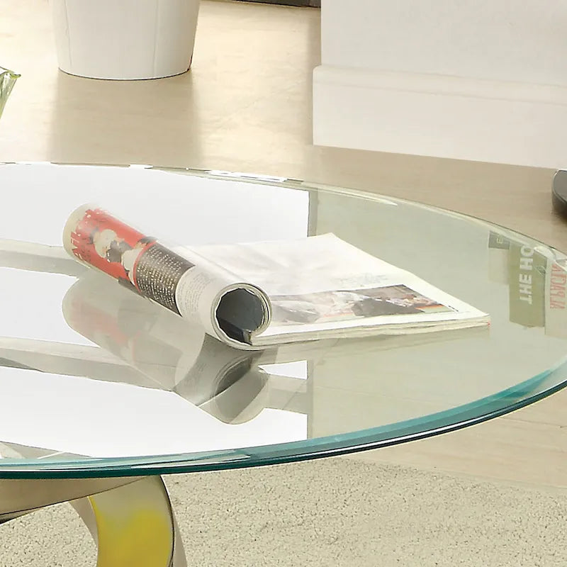 Table basse ronde en verre trempé 38" | Piétement double hélice | Finition argentée