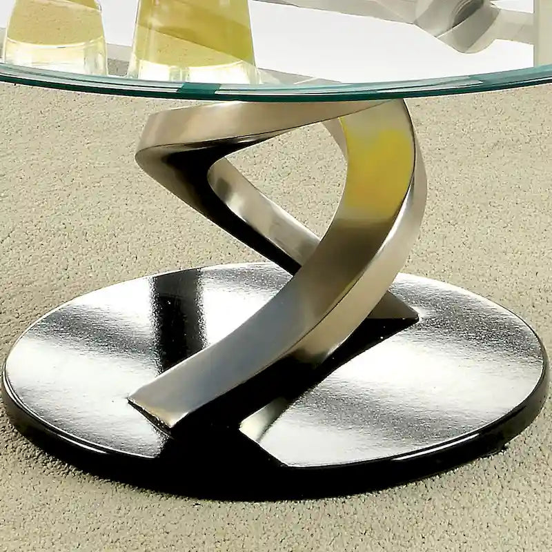 Table basse ronde en verre trempé 38" | Piétement double hélice | Finition argentée