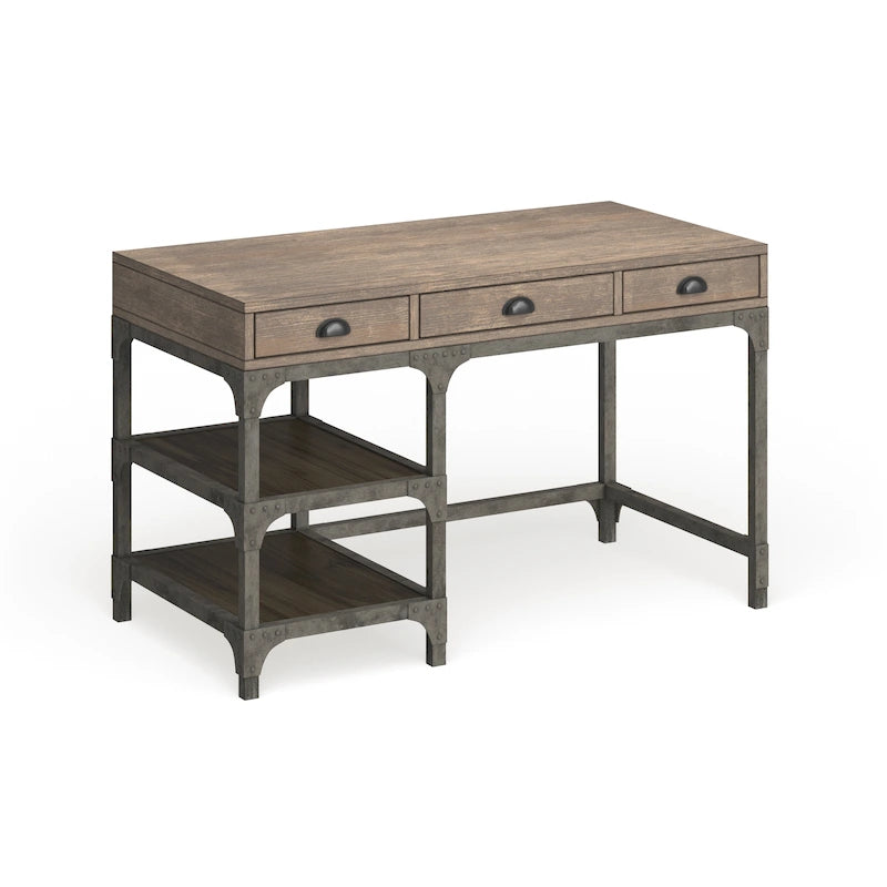 Bureau de 47" avec 3 tiroirs et étagère à 2 niveaux | Chêne vieilli et argent | Industriel