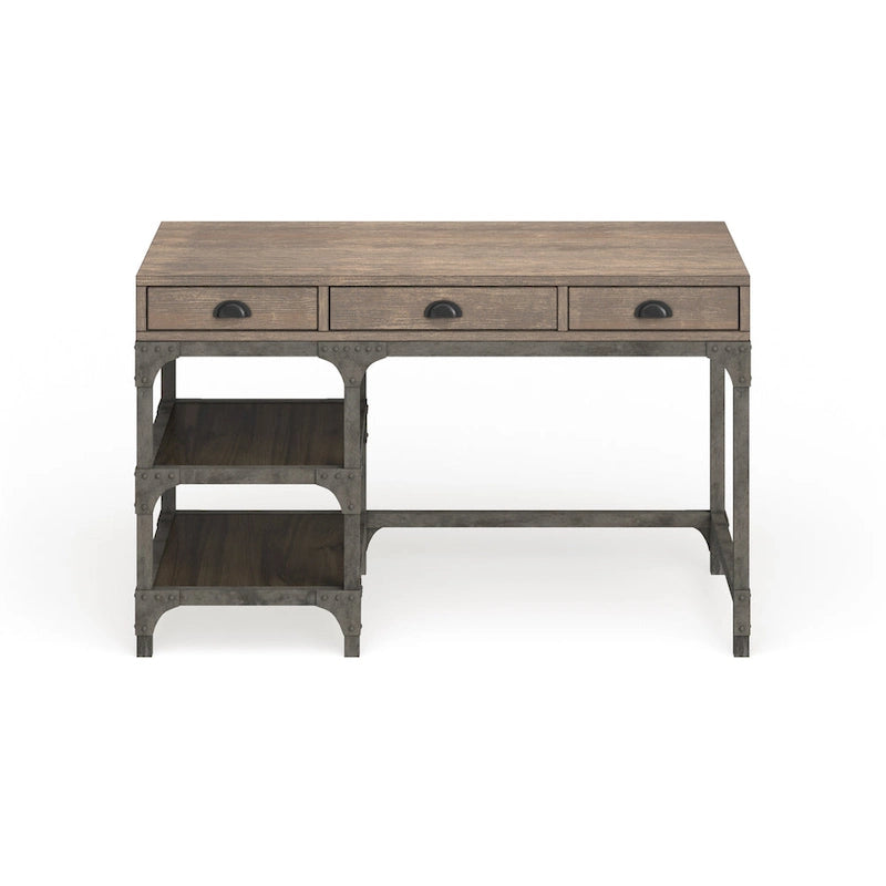 Bureau de 47" avec 3 tiroirs et étagère à 2 niveaux | Chêne vieilli et argent | Industriel