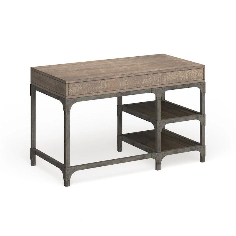 Bureau de 47" avec 3 tiroirs et étagère à 2 niveaux | Chêne vieilli et argent | Industriel