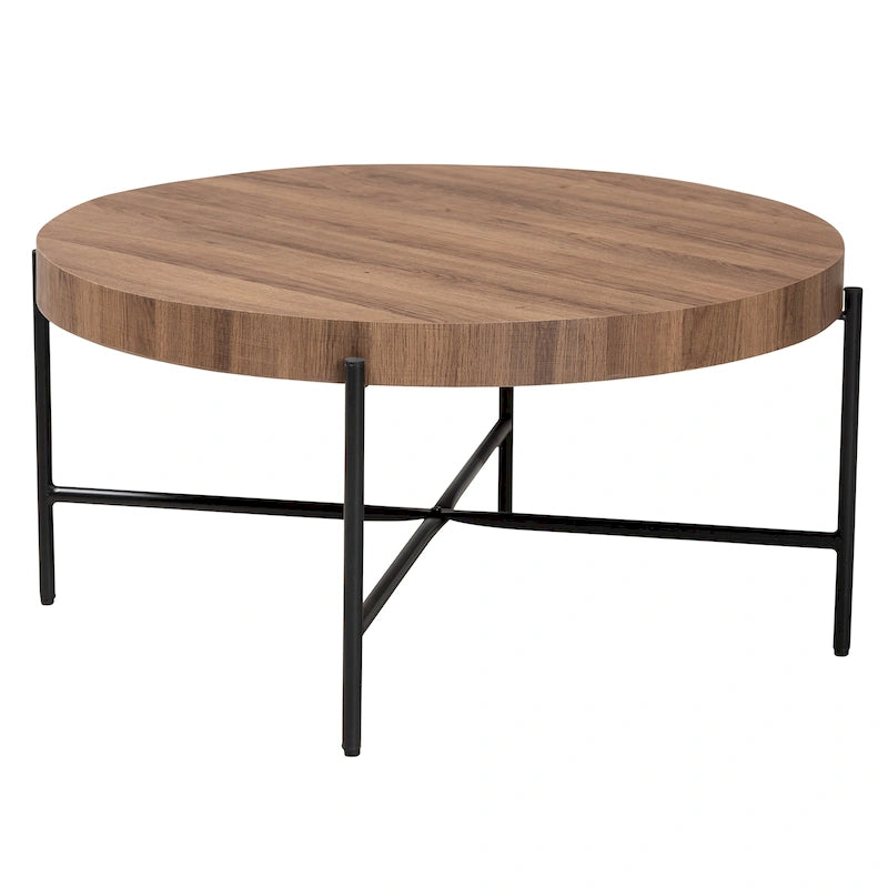 Table basse ronde industrielle | Plateau en bois de noyer marron, piétement entrecroisé en métal noir