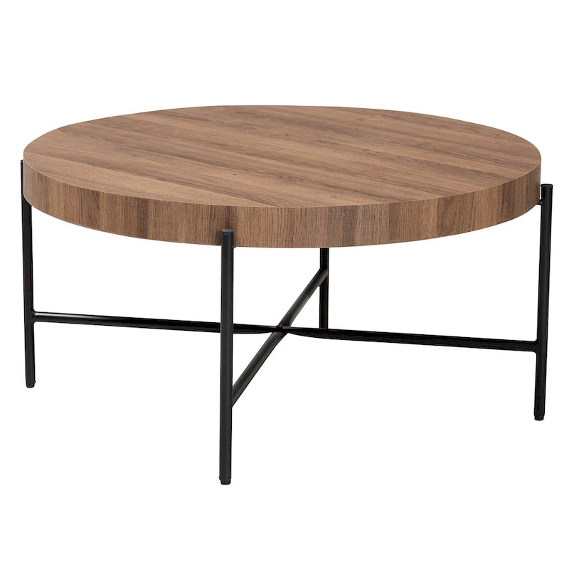 Table basse ronde industrielle | Plateau en bois de noyer marron, piétement entrecroisé en métal noir