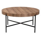 Table basse ronde industrielle | Plateau en bois de noyer marron, piétement entrecroisé en métal noir