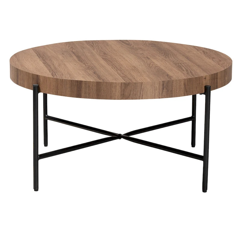 Table basse ronde industrielle | Plateau en bois de noyer marron, piétement entrecroisé en métal noir