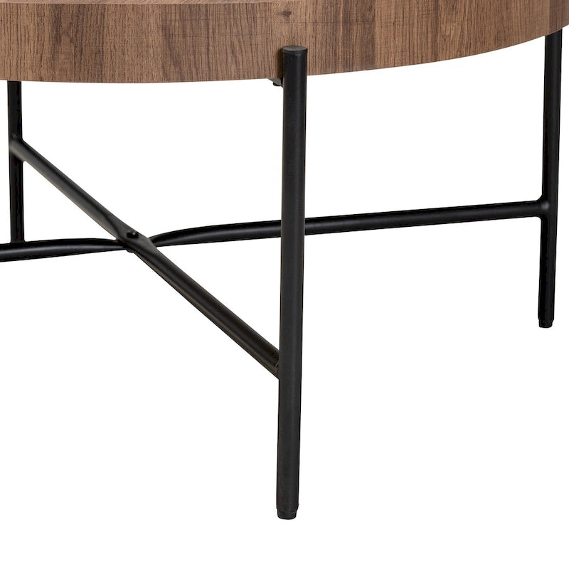 Table basse ronde industrielle | Plateau en bois de noyer marron, piétement entrecroisé en métal noir