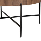 Table basse ronde industrielle | Plateau en bois de noyer marron, piétement entrecroisé en métal noir