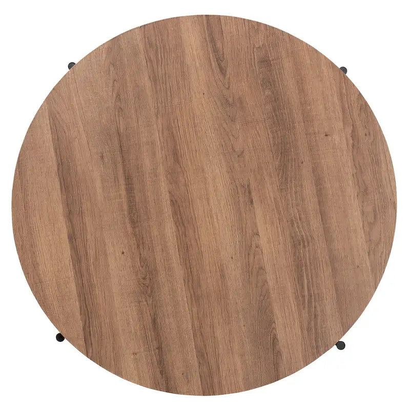 Table basse ronde industrielle | Plateau en bois de noyer marron, piétement entrecroisé en métal noir