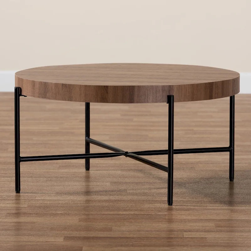 Table basse ronde industrielle | Plateau en bois de noyer marron, piétement entrecroisé en métal noir