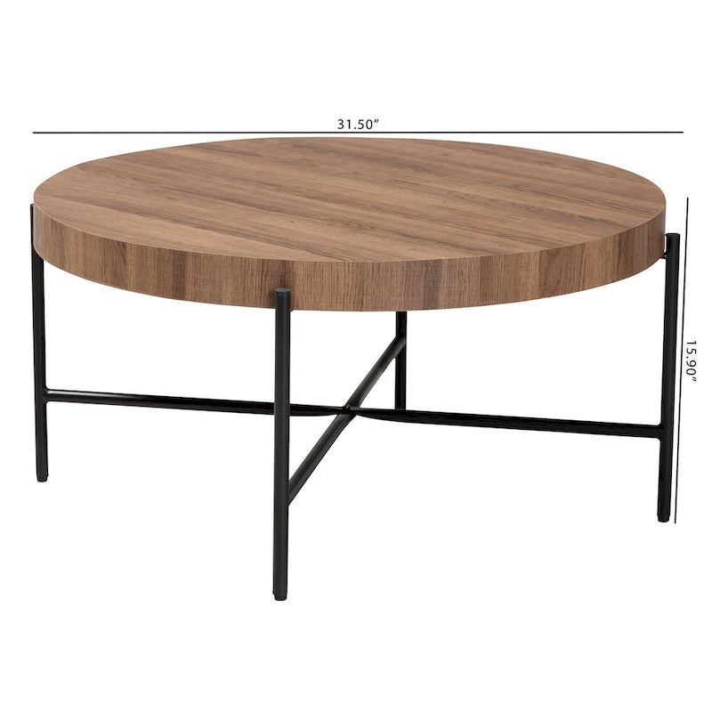 Table basse ronde industrielle | Plateau en bois de noyer marron, piétement entrecroisé en métal noir