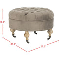 Pouf rond capitonné | Structure en bois massif | Finition chêne cérusé, lin pur, roulettes