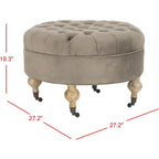Pouf rond capitonné | Structure en bois massif | Finition chêne cérusé, lin pur, roulettes