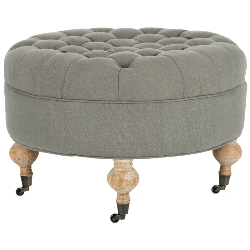 Round Tufted Ottoman | Solid Wood Frame | Pickled Oak Finish, Pure Linen, Casters