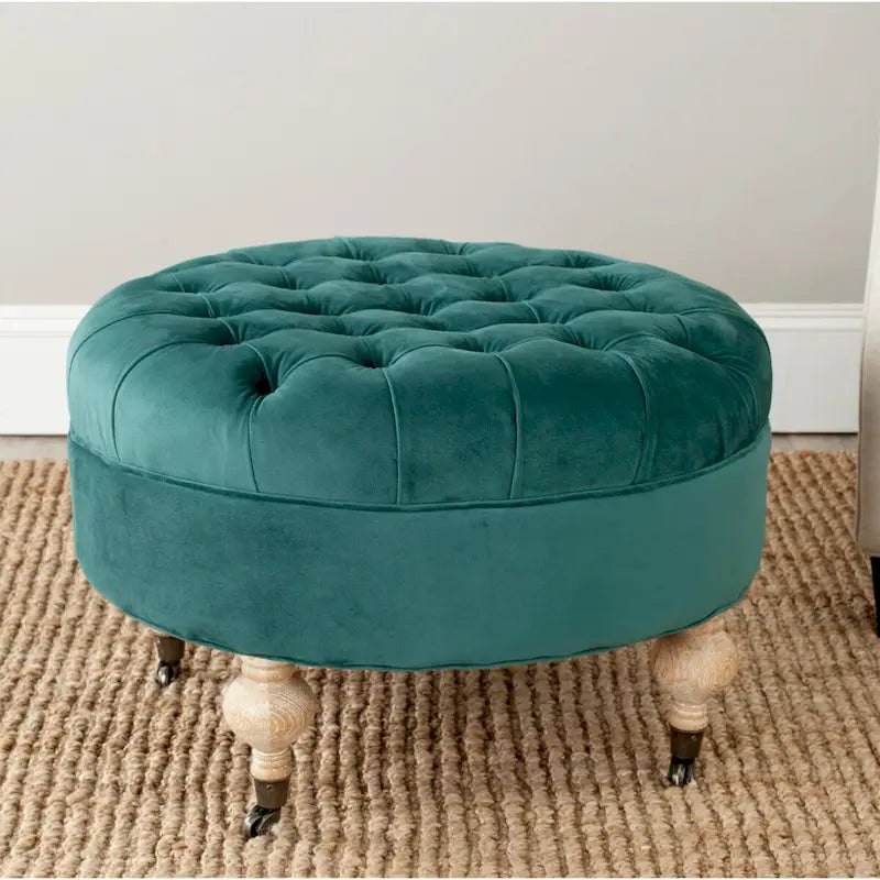 Pouf rond capitonné | Structure en bois massif | Finition chêne cérusé, lin pur, roulettes