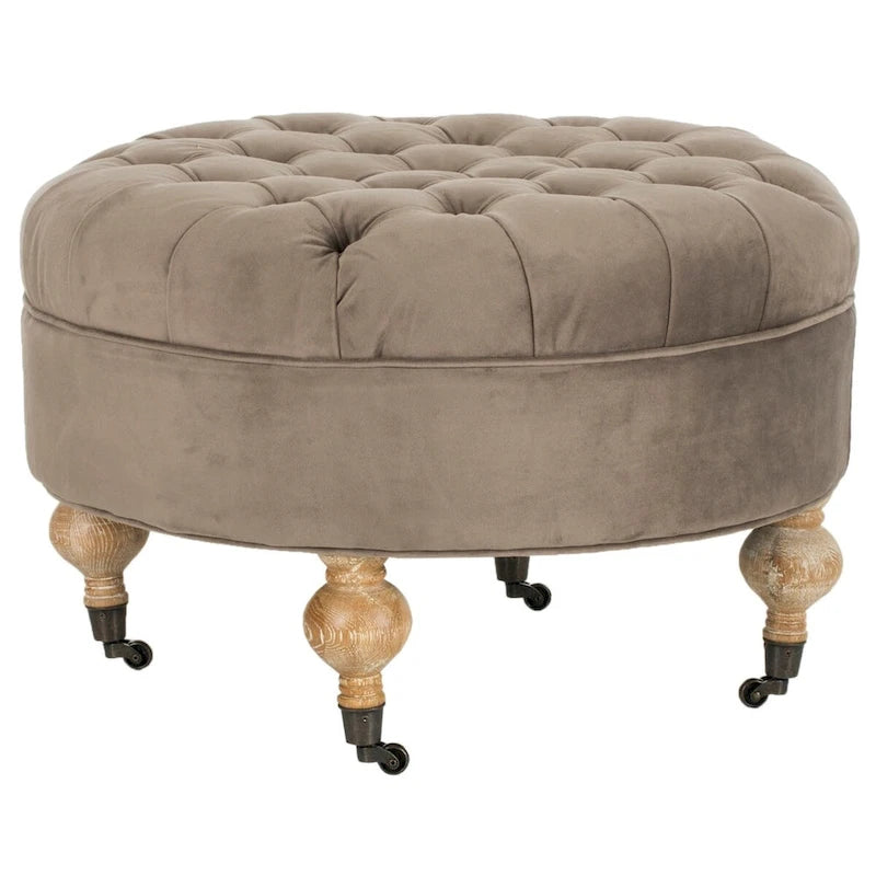Pouf rond capitonné | Structure en bois massif | Finition chêne cérusé, lin pur, roulettes