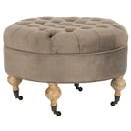 Pouf rond capitonné | Structure en bois massif | Finition chêne cérusé, lin pur, roulettes