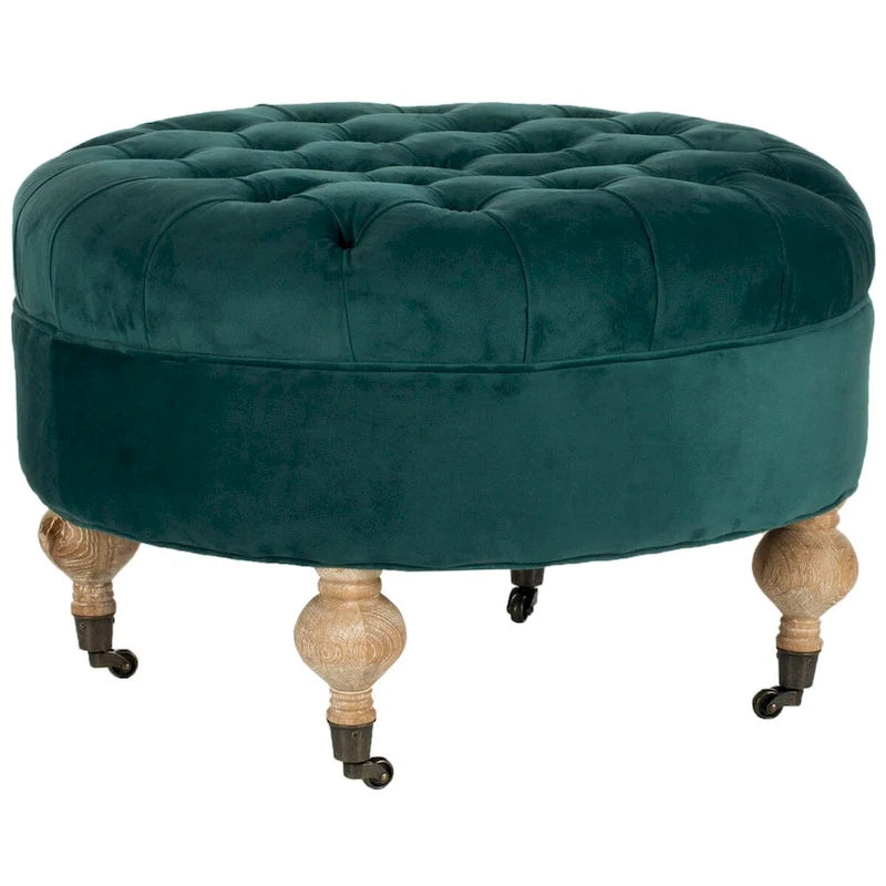 Pouf rond capitonné | Structure en bois massif | Finition chêne cérusé, lin pur, roulettes